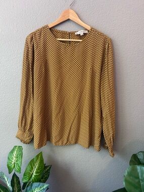 LOFT Mustard Polka Dot Long-Sleeve Blouse | Coastal Cottage | Size Large